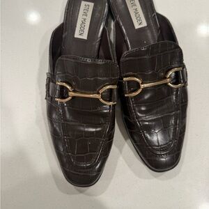 Steve Madden Dark Brown Croc-Embossed Loafers with Gold Accent